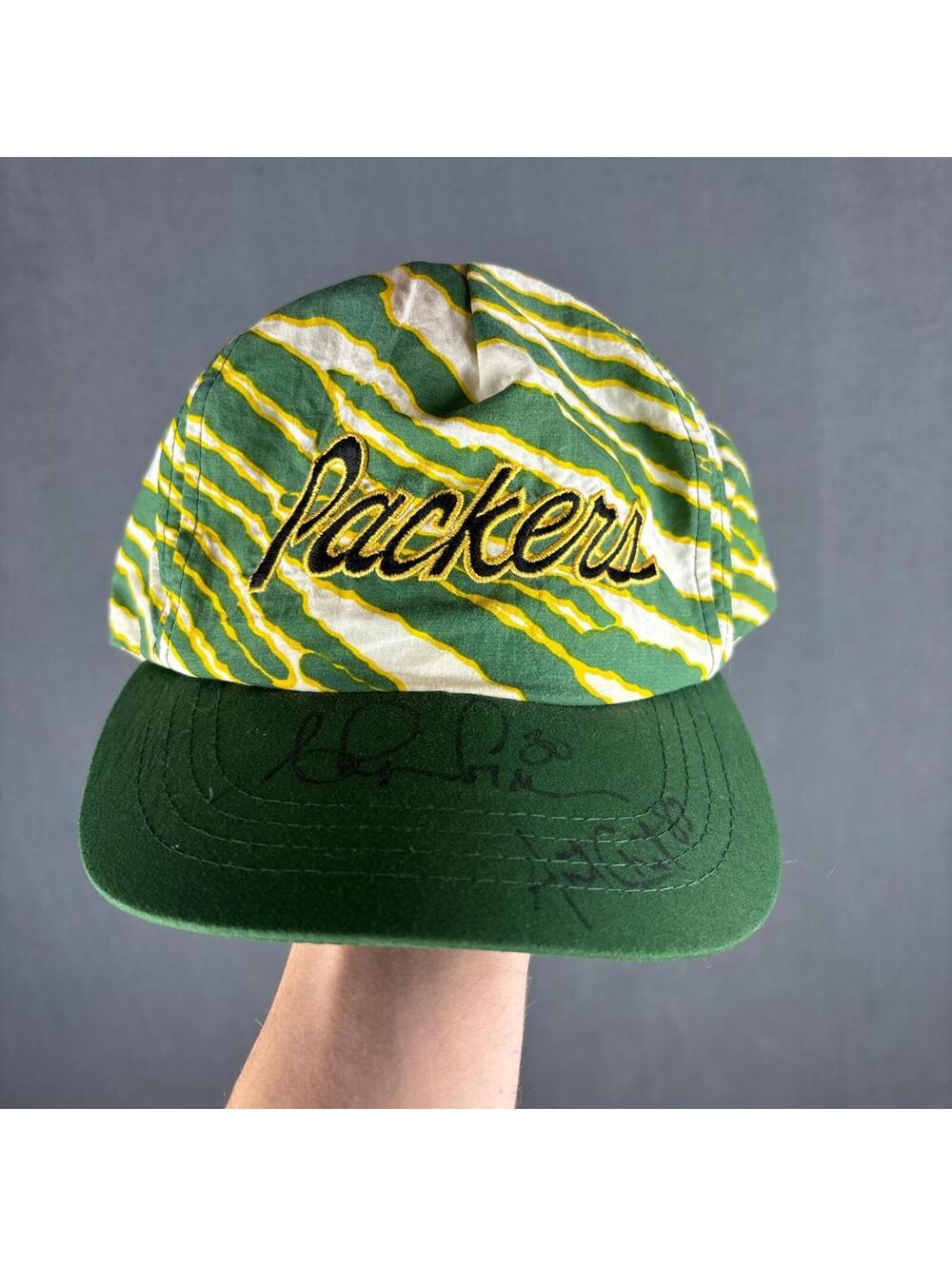 Green Bay Packers Zubaz Snapback Hat Signed Vintage 90s Striped Cap NFL